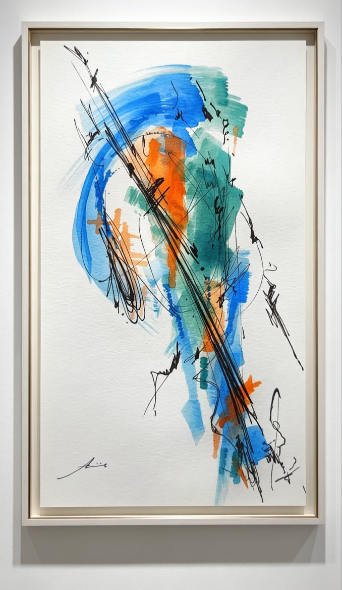 Obra abstracta azul y naranja — ilustración original Aline Salas