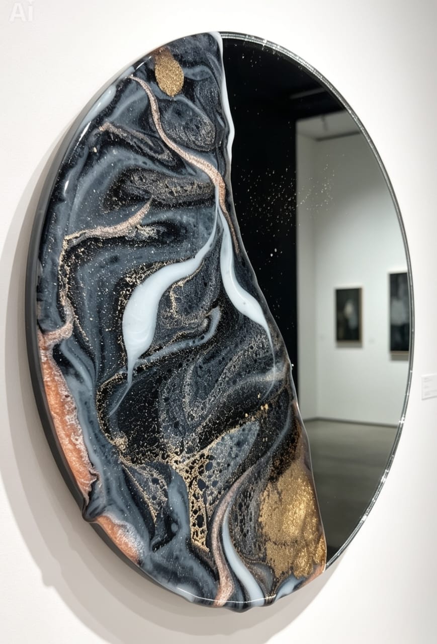 Espejo de resina negro y dorado — obra de autor Aline Salas
